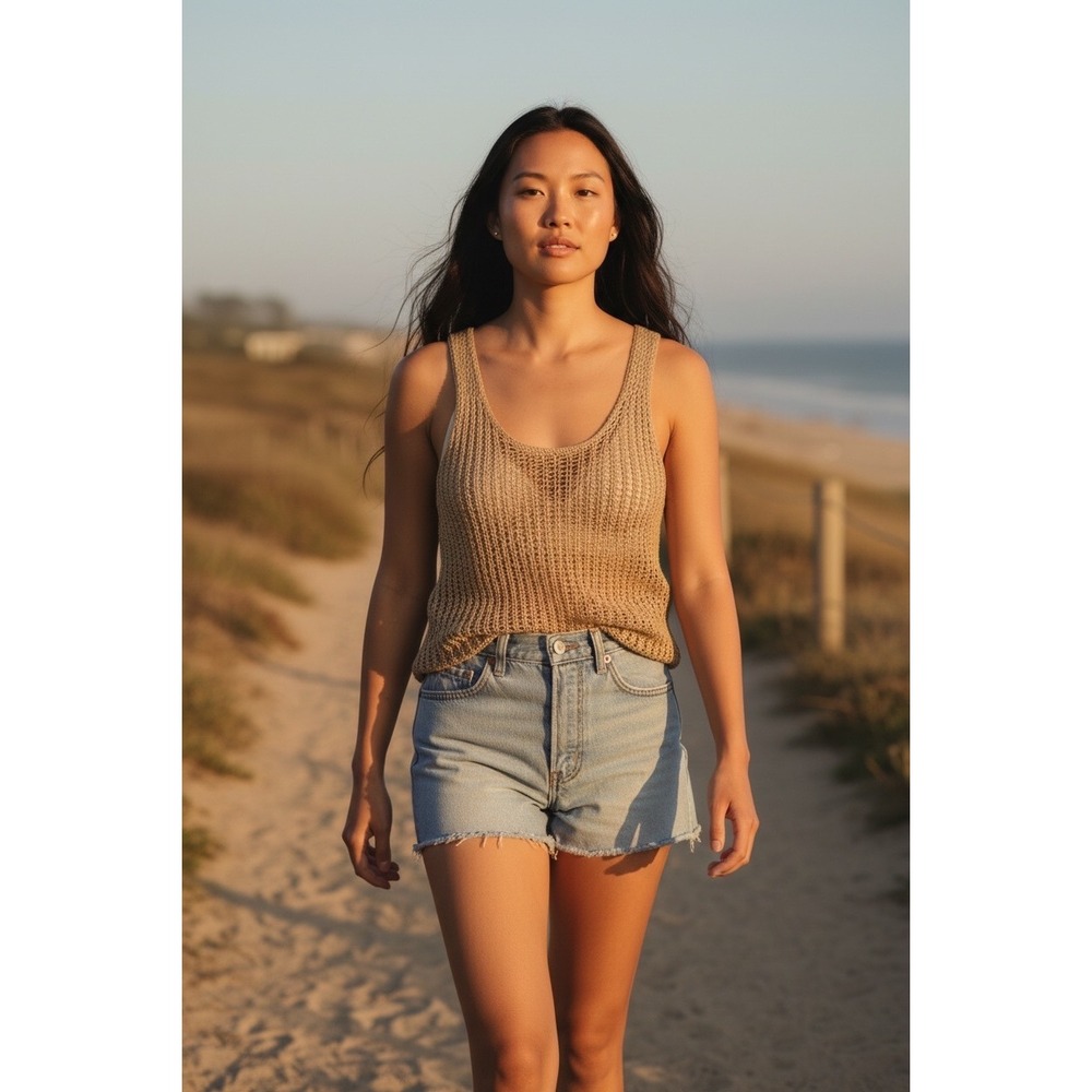 The Limited Tan Crochet Open Knit Tank Top Boho Y2K Beach Medium Festival